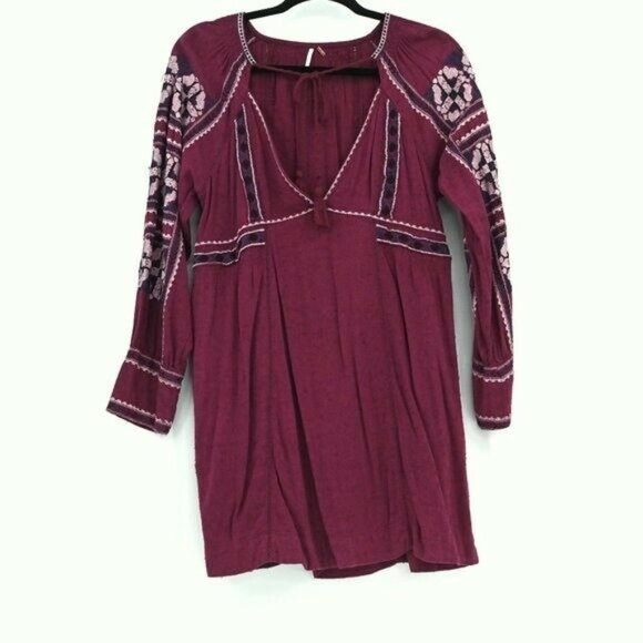 FREE PEOPLE Womens Size XS Wine Purple All My Life Embroidered Mini Dress Boho - Picture 3 of 10